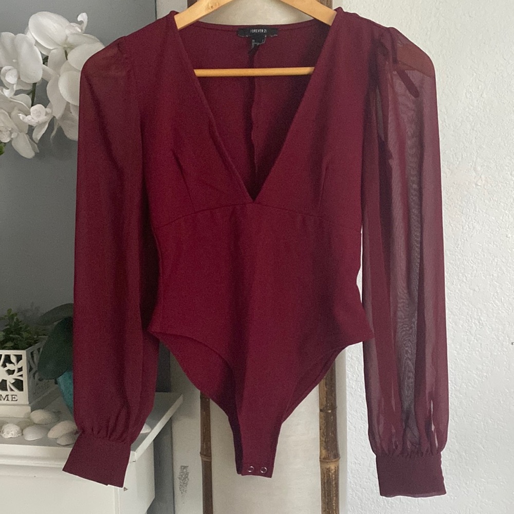 Burgundy Long Sleeve Chiffon Bodysuit